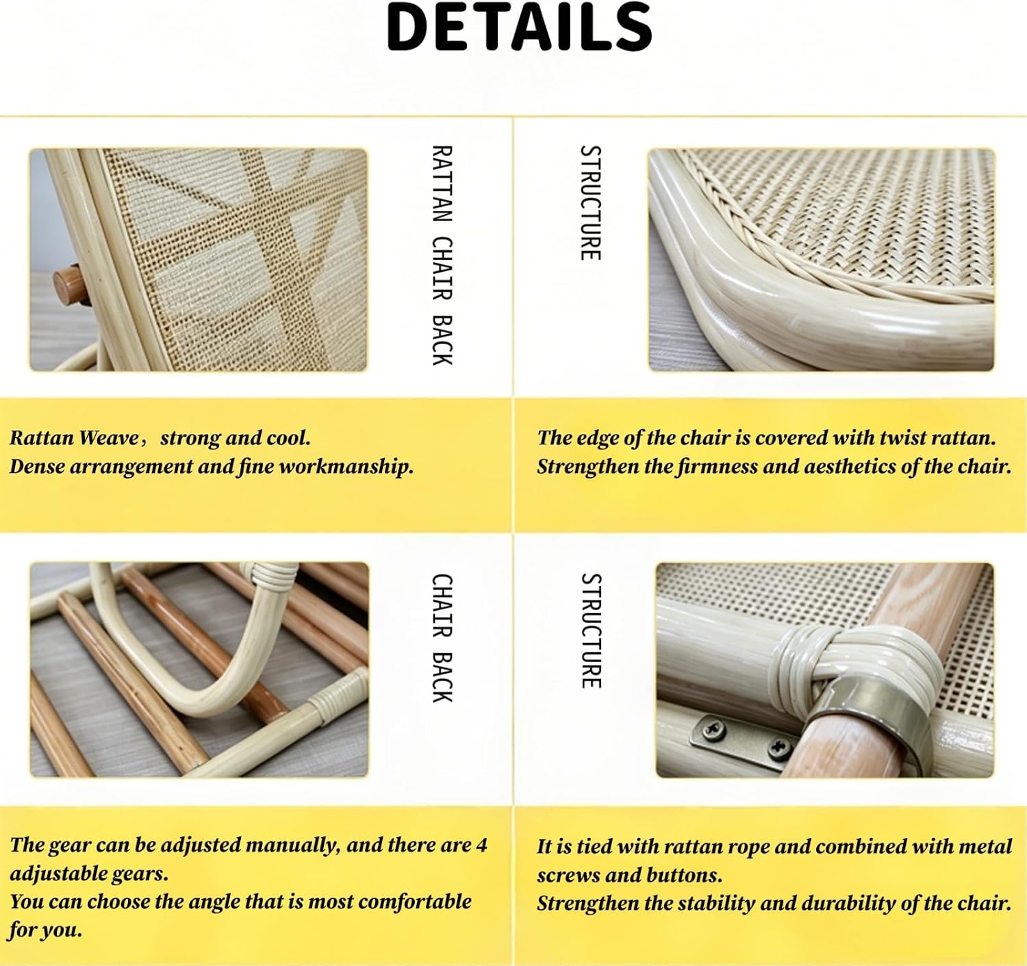4-Gear Adjustable Folding Rattan Floor Chair Pine Wood Frame Ergonomic Lazy Lounge Tatami Seat for Home Office Bedroom Balcony Relaxation