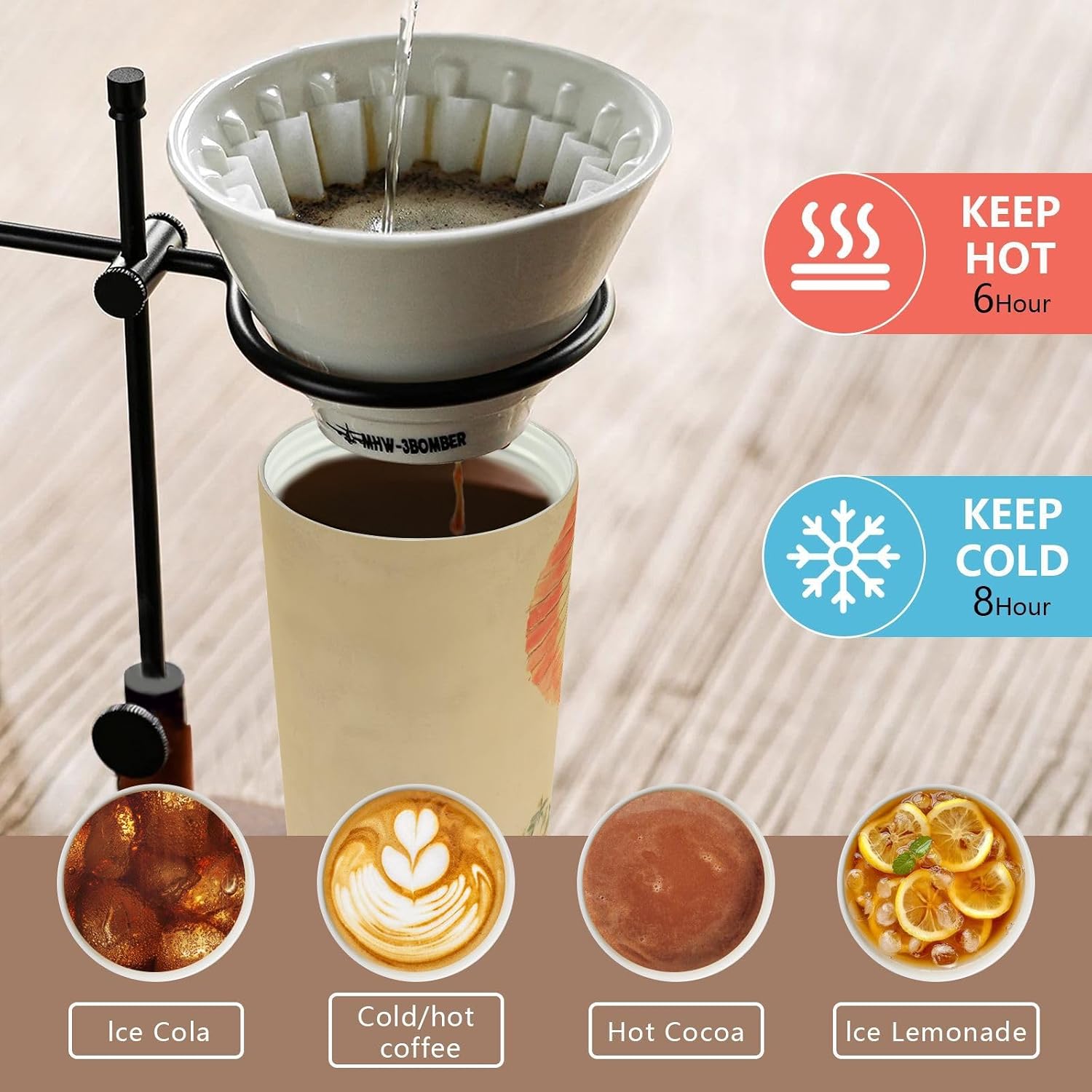 Japanese Woman Vintage Insulated Coffee Mug with Straw & Flip Lid, 16.9oz Iced Tumbler Cup, Double Wall Vacuum Mug for Travel Office