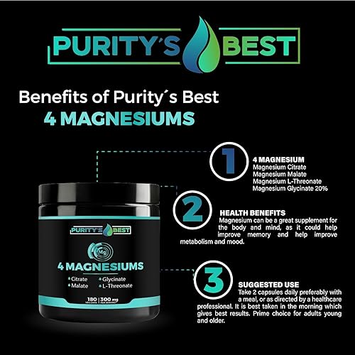 Miniatura 3 de Purity's Best 4 MAGNESIOMS, glicinato de magnesio premium, malato, L-treonato, citrato, 300 mg, 180 cápsulas vegetales, probado por terceros,