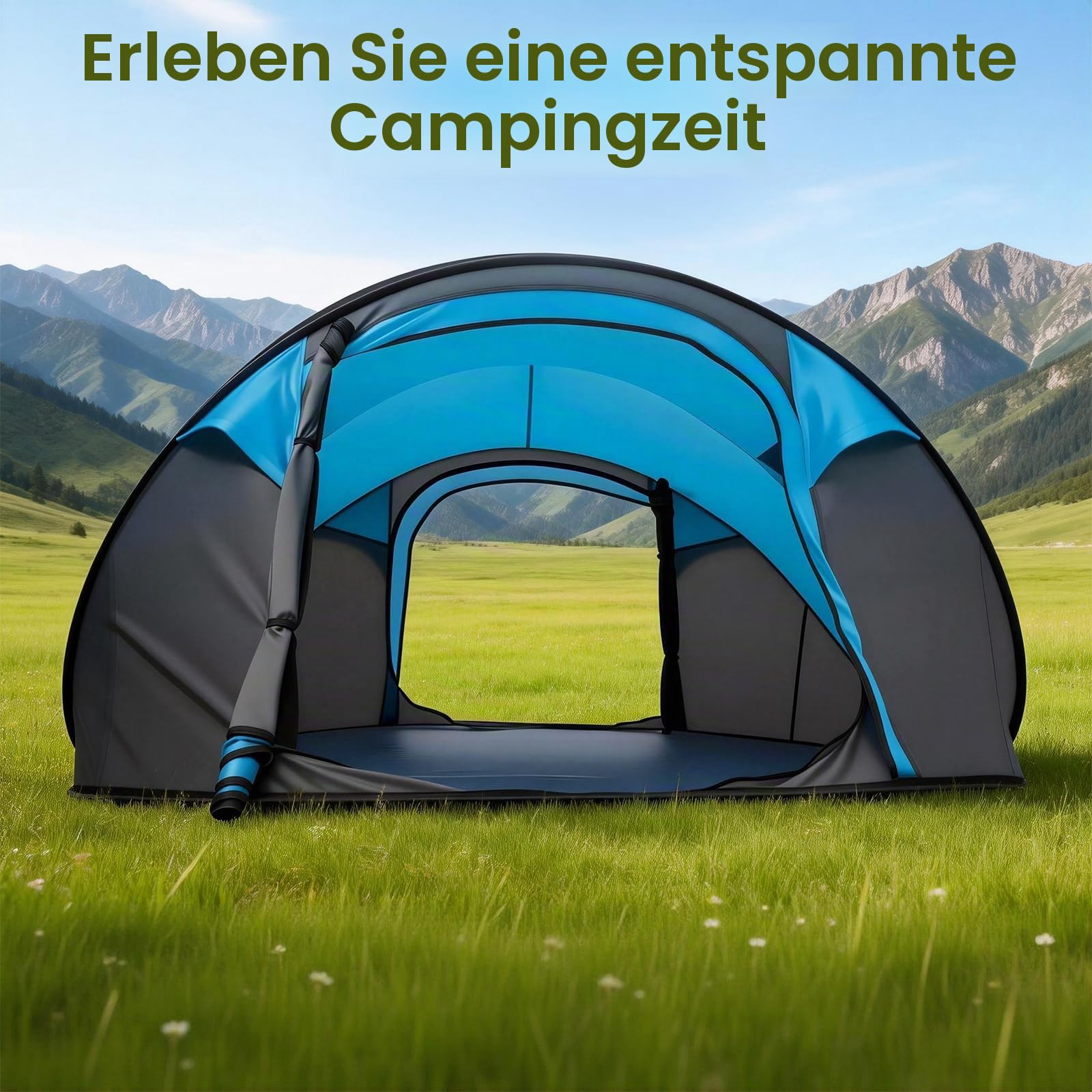 Instant Pop Up Zelt 3-4 Personen, Automatisches 3-Sekunden-Zelt mit PU3000mm Wassersäule, 290x200cm Campingzelt mit Belüftung, Verstärkt & Stabil für Festival, Strand und Garten