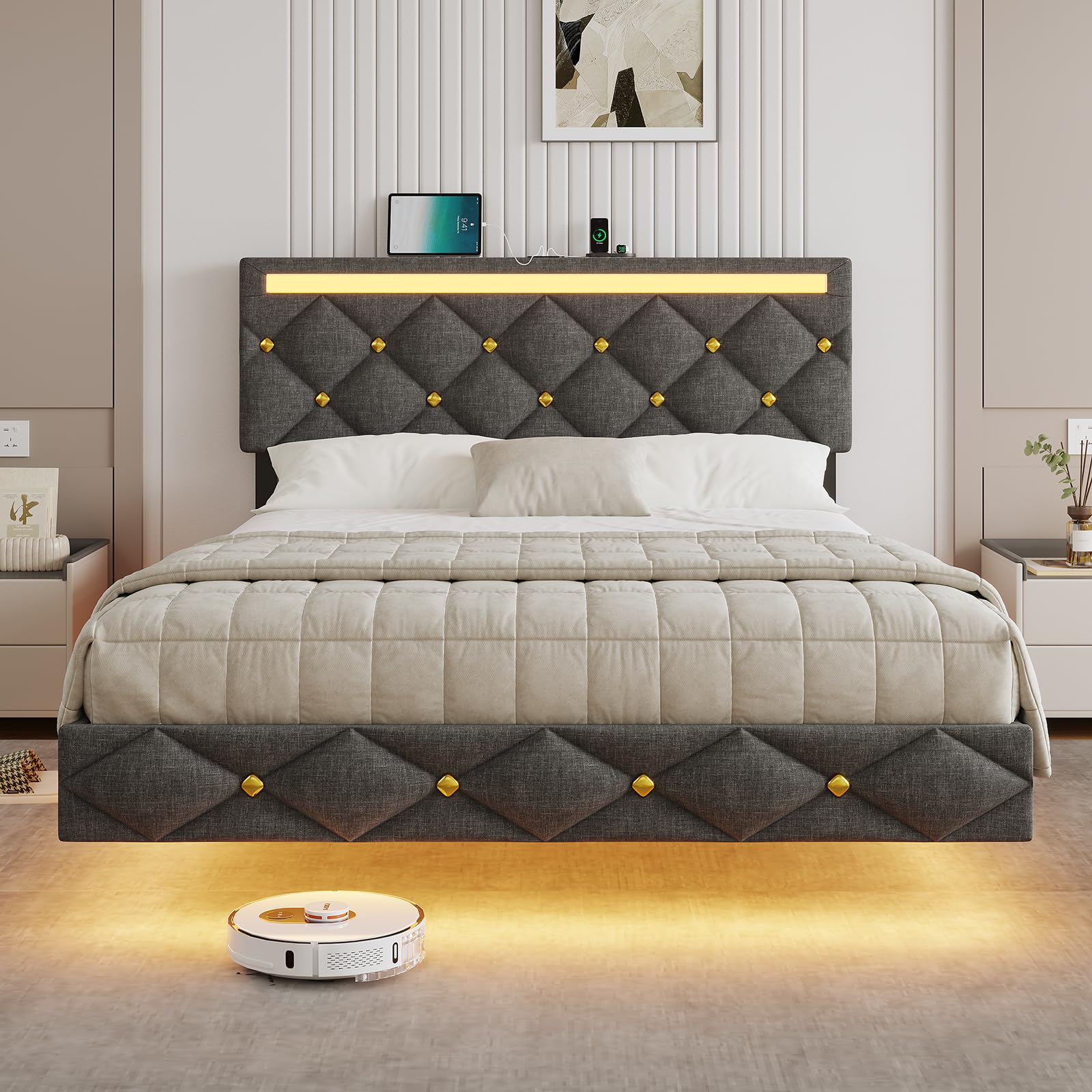 DICTAC Lit 140x190 avec LED, Cadre de lit 140 x 190cm avec Éclairage LED et 1 USB-A + 1 USB-C, Tête de Lit Réglable et Rembourrée - Lit Flottant avec Sommier, Capitonnage Lin Gris