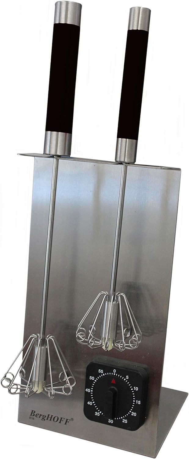 BergHOFF 18/10 Stainless Steel Set of 3Pc Whisk Stand & Timer 16.5" Silver & Red Ergonomically Designed Handle