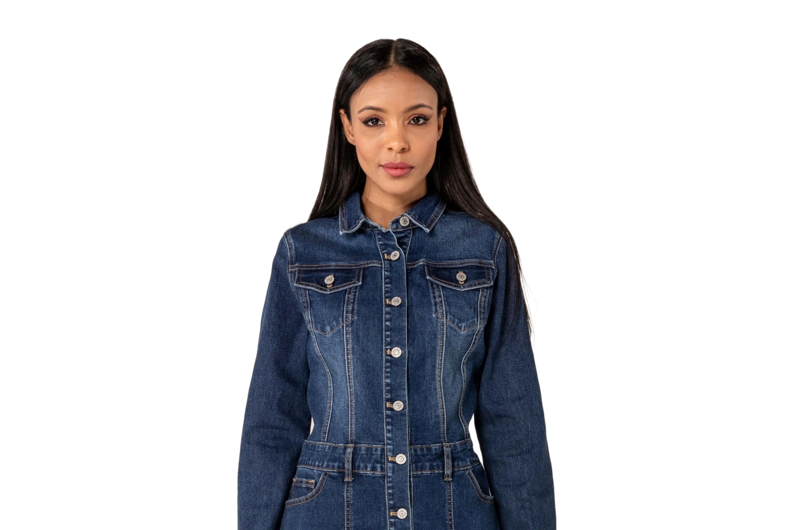 Nina Carter S538 Damen Jeanskleid mit Knöpfen Langärmlig Denim Kleid Stretch Knielang Blusenkleid Used-Look