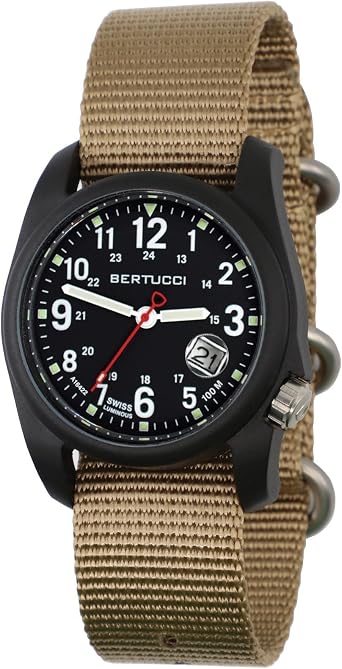 Bertucci Dx3 Super - Black Dial / Black Case- 365 Bertucci Khaki Nylon Band, Khaki nylon band, Military