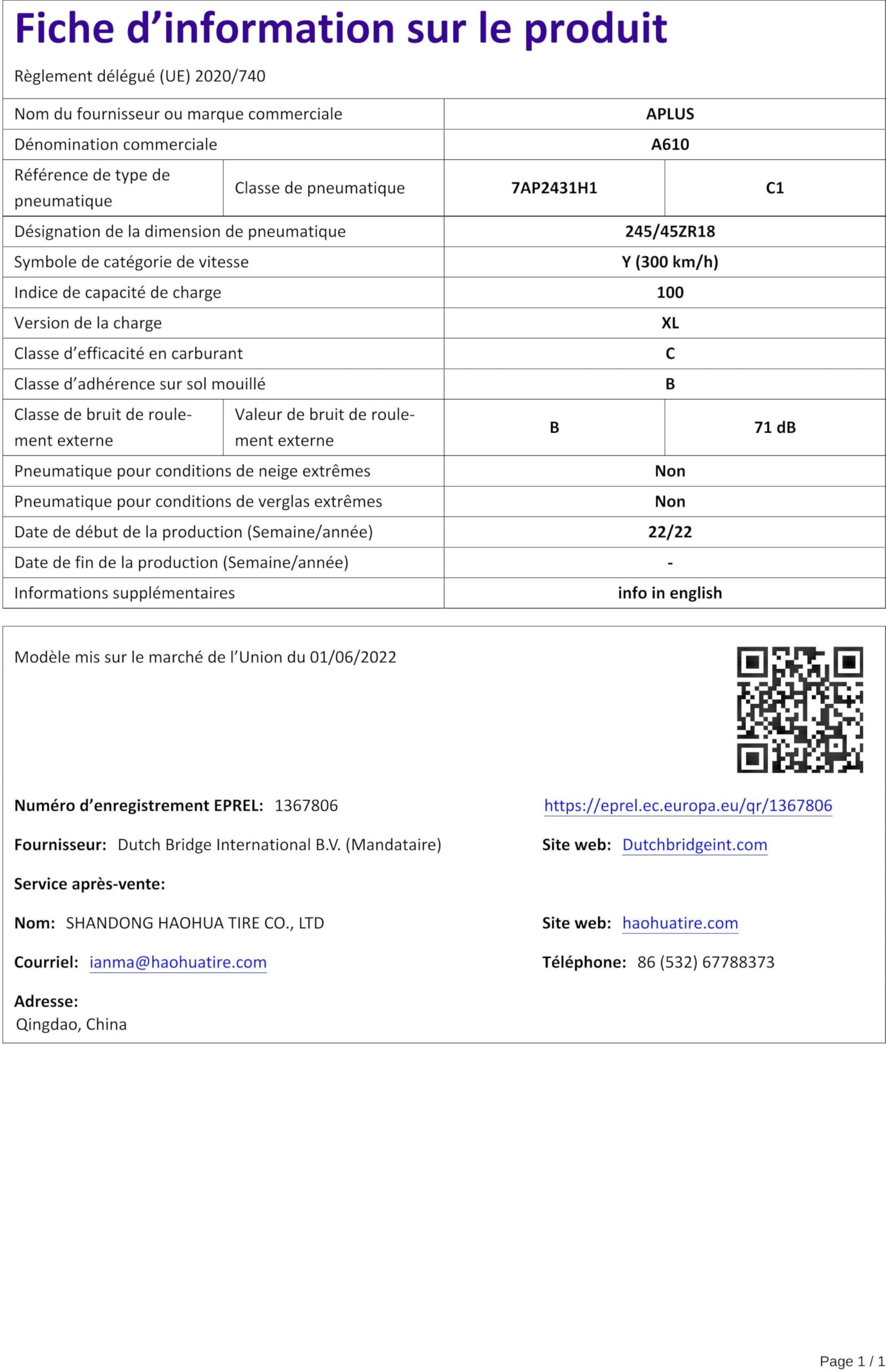 APLUS 245/45 R18 100Y Pneu Été XL
