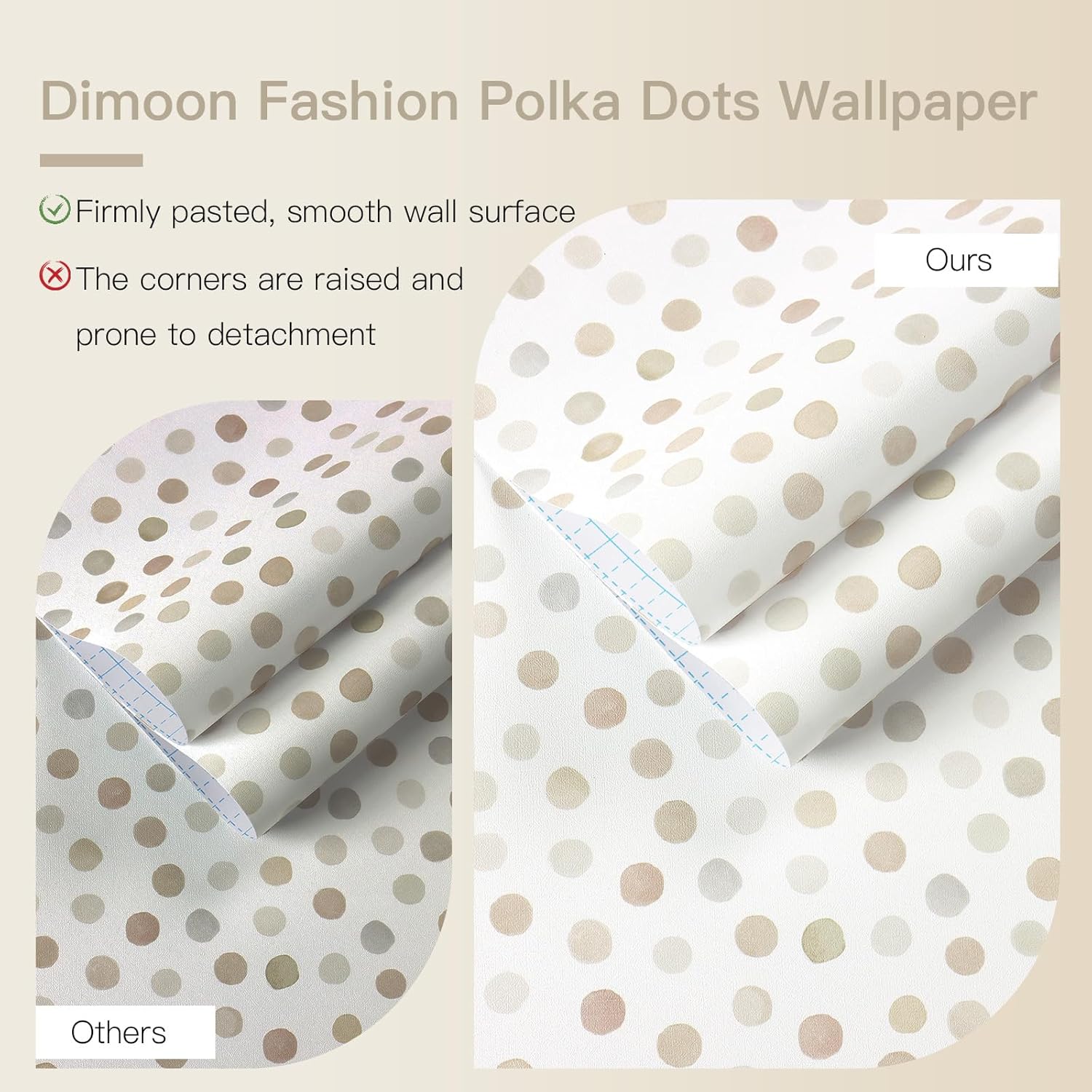 Dimoon 17.3''x177.2'' Peel and Stick Wallpaper Boho Beige Contact Paper Natural Modern Polka Dot White Wallpaper Removable Bathroom Kitchen Self Adhesive Wall Paper Renter Friendly Vinyl Roll
