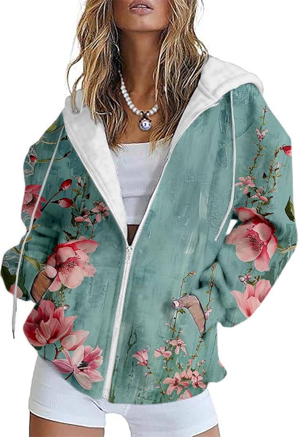 ZOCANIA Zipper Hoodies for Women Graphic Zip Up Hoodie Long Sleeve Sweatshirts Floral Y2k Jackets Fall Outfits with Pockets