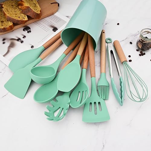 Miniatura 8 de BRIIEC Juego de 12 utensilios de cocina verdes mango de madera utensilios de cocina de silicona juego de espátulas con soporte antiadherente