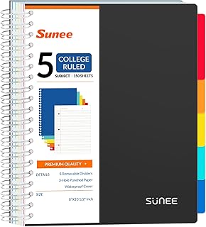 SUNEE Spiral Notebooks for Work with Removable Dividers & Tabs – College Ruled 5 Subject, 300 Pages, 3 Hole Punched, Durable PP Cover, 8"x10.5" – Notebooks for Office or School, Black The Forest Stewardship Council