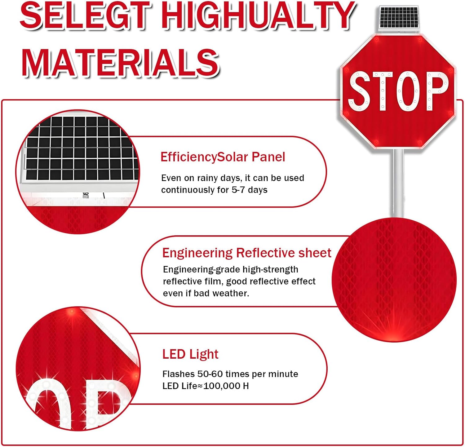 Heavy-Duty Solar LED Blinking Stop Sign - Aluminum Octagon Traffic Sign for Intersections & Crosswalks - Enhanced Safety & Visibility