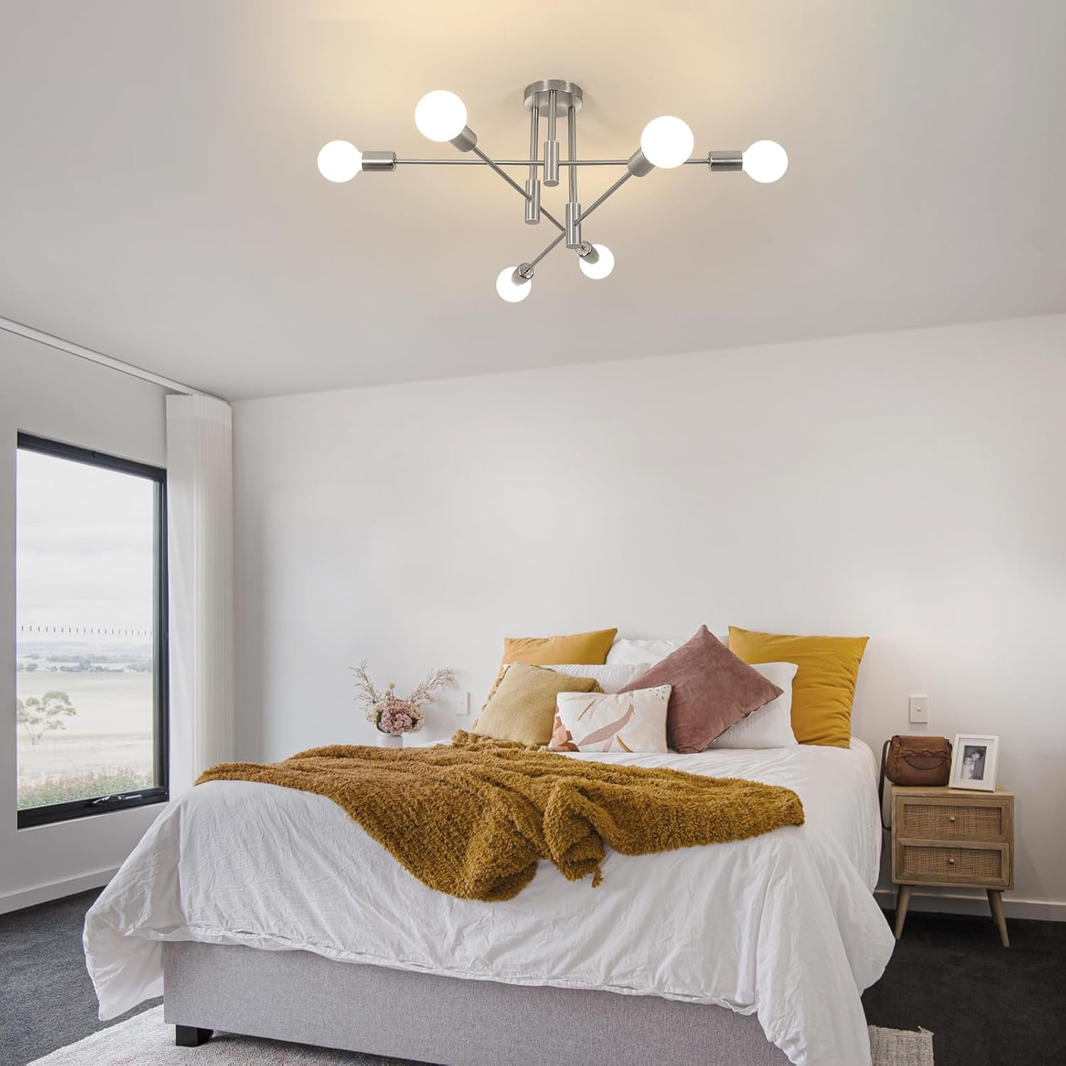 DELIPOP Sputnik Light Fixture, 6-Light Brushed Nickel Dining Room Light Fixture, Mid-Century Modern Ceiling Light Fixture for Living Room, Kitchen, Dining Room, Bedroom