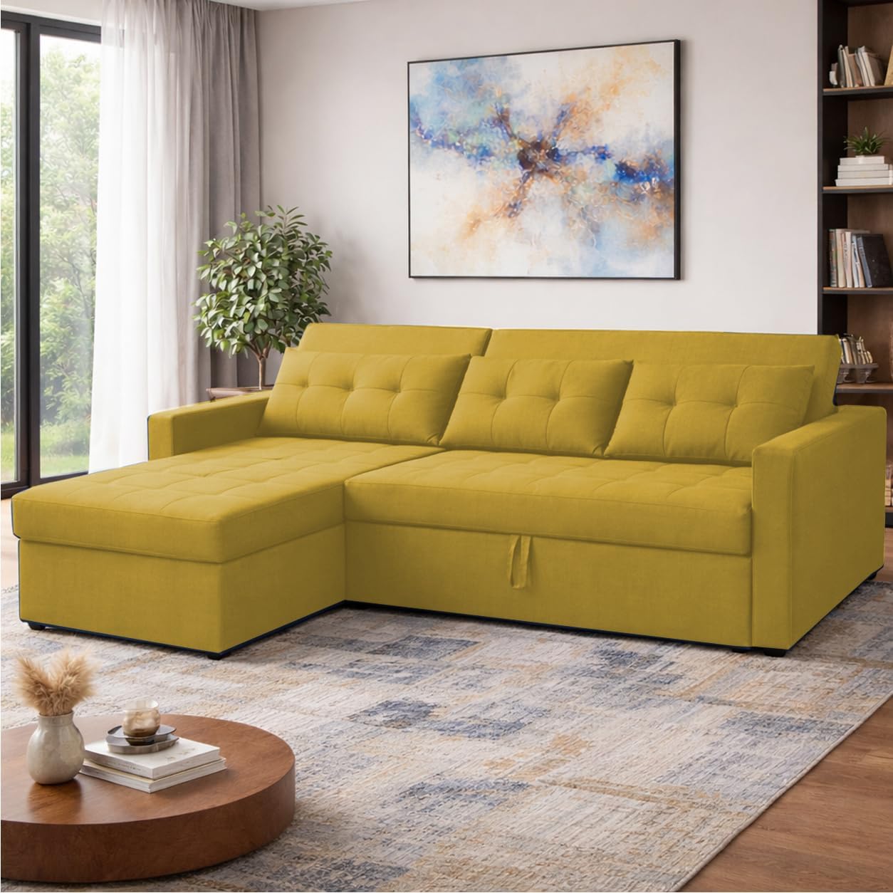 4 Seater LHS L - Shape Pull-Out Sofa Cum Bed Sofa for Living Room Premium Fabric Sofa Set for Living Room Sofa Cum Bed (Yellow)-image-34