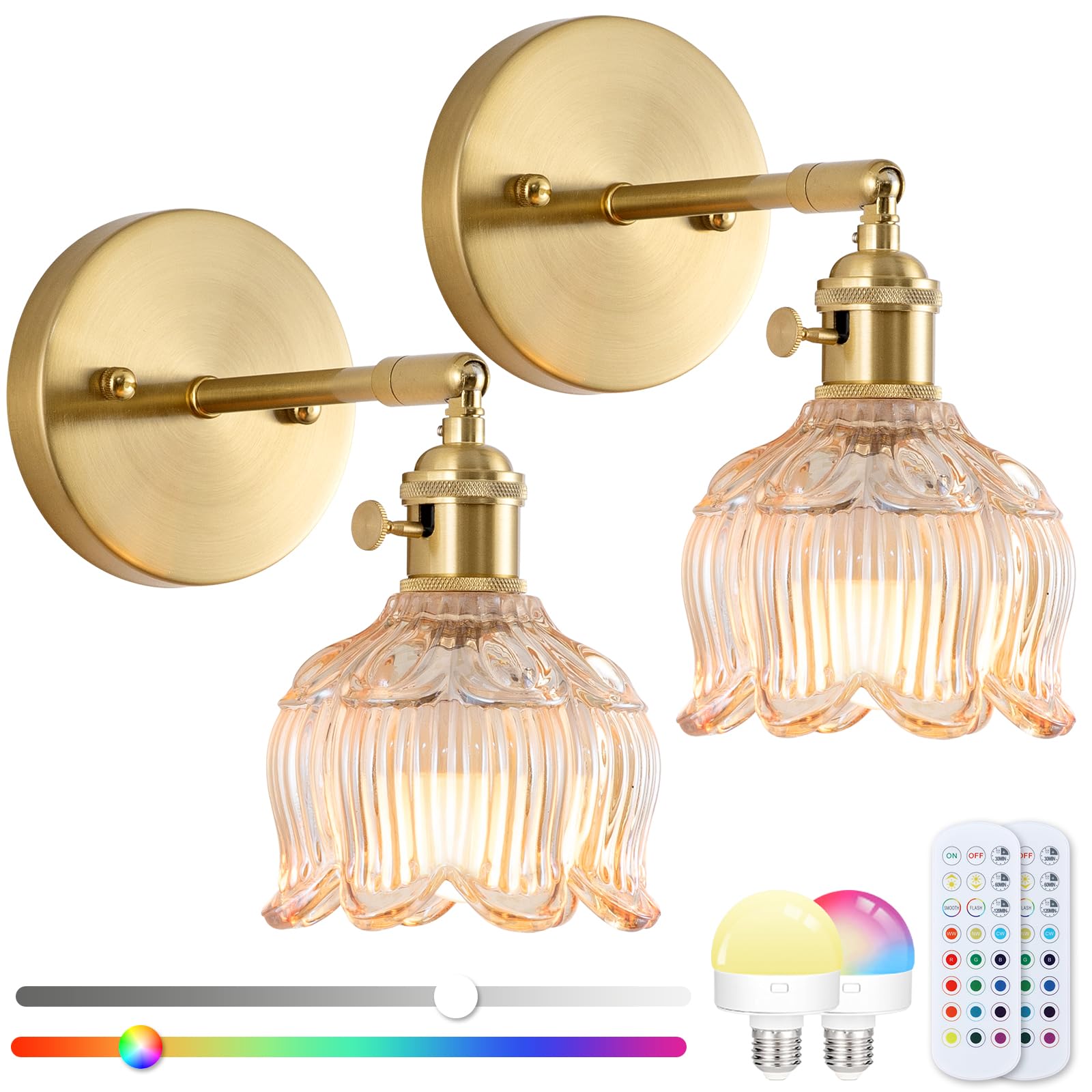 EIDEARAY Battery Operated Wall Sconce,Vintage Wall Sconce with Amber Glass Lampshade Rechargeable Wall Light with Remote Control for Bedroom,Living Room, Hallway, Aisle