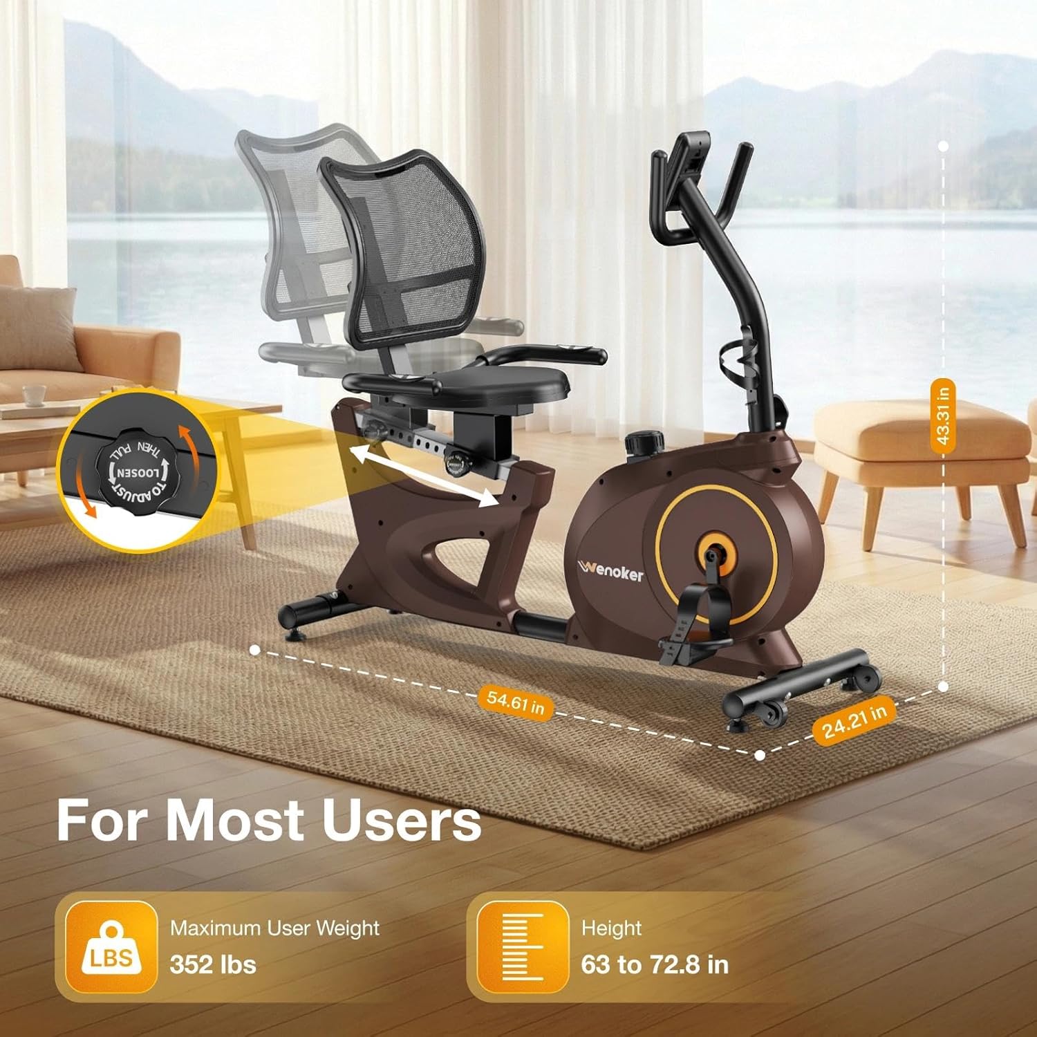 Wenoker Recumbent Exercise Bikes for Home | Light Commercial-Grade Recumbent Bike for Seniors | Magnetic Recumbent Exercise Bikes with Heart Rate Handle | Smart App,LCD with Comfortable Seat