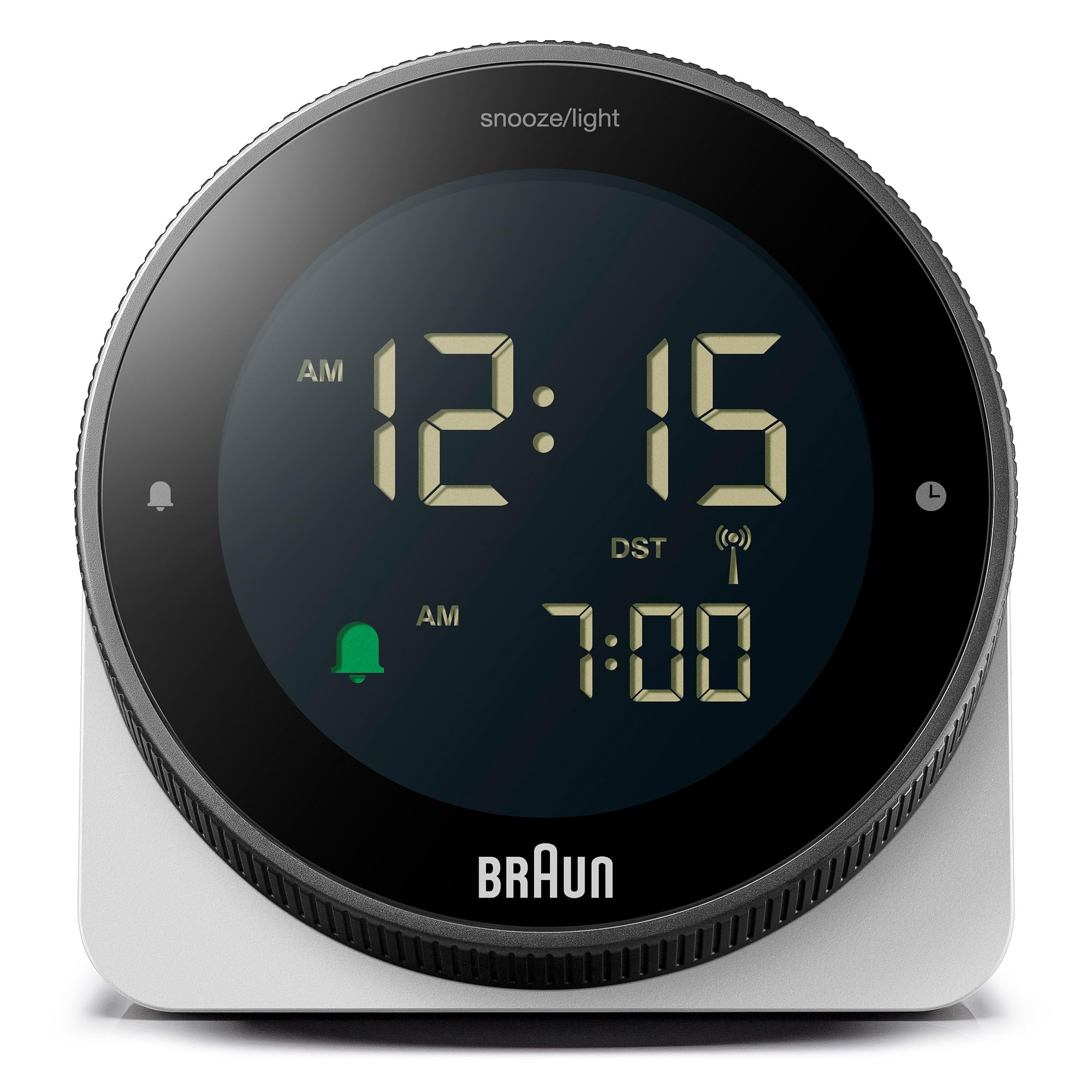 Braun digitaler Funkwecker für die mitteleuropäische Zeitzone (DCF) mit Schlummerfunktion, umgekehrtem LCD-Display, drehbarer Lünette für schnelle Zeiteinstellung, Piepton-Alarm in Weiß, BC24W-DCF