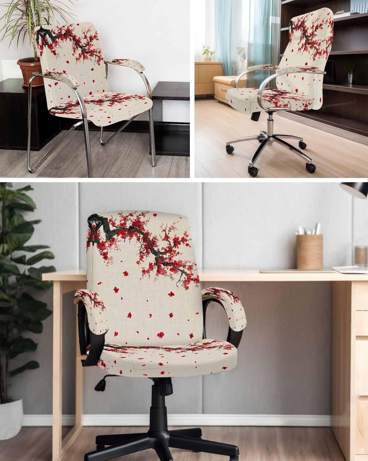 Red Flowers Office Chair Covers with Armrest Covers, Rotating Chair Cover, Vintage Chinese Painting Plum Branches Armchair Slipcovers Decorative Backrest Seat Protectors, Large
