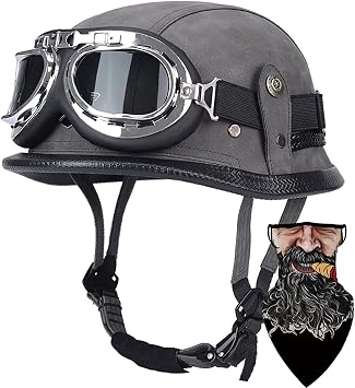 Motorcycle Retro Half Helmet German Style Leather Half Face Helmet, DOT Approved Men Women Vintage Motorcycle Open Face Helmet Cap Half Shell Helmet+Goggles for Bicycle Cruiser