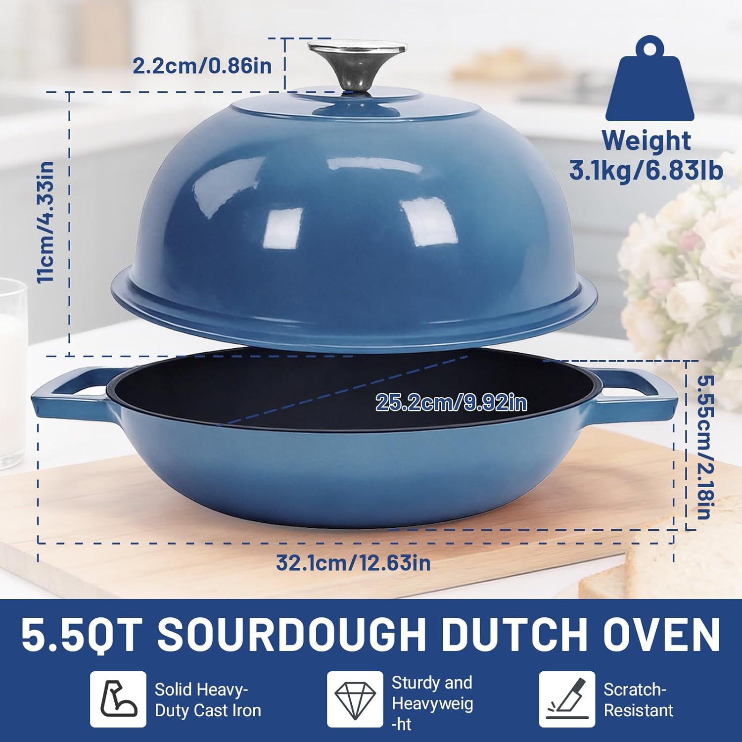 Cast Iron Bread Oven, Enameled Dutch Oven for Baking Sourdough Bread with Dome Lid & Complete Accessory Kit for Bread, 5QT (Blue)