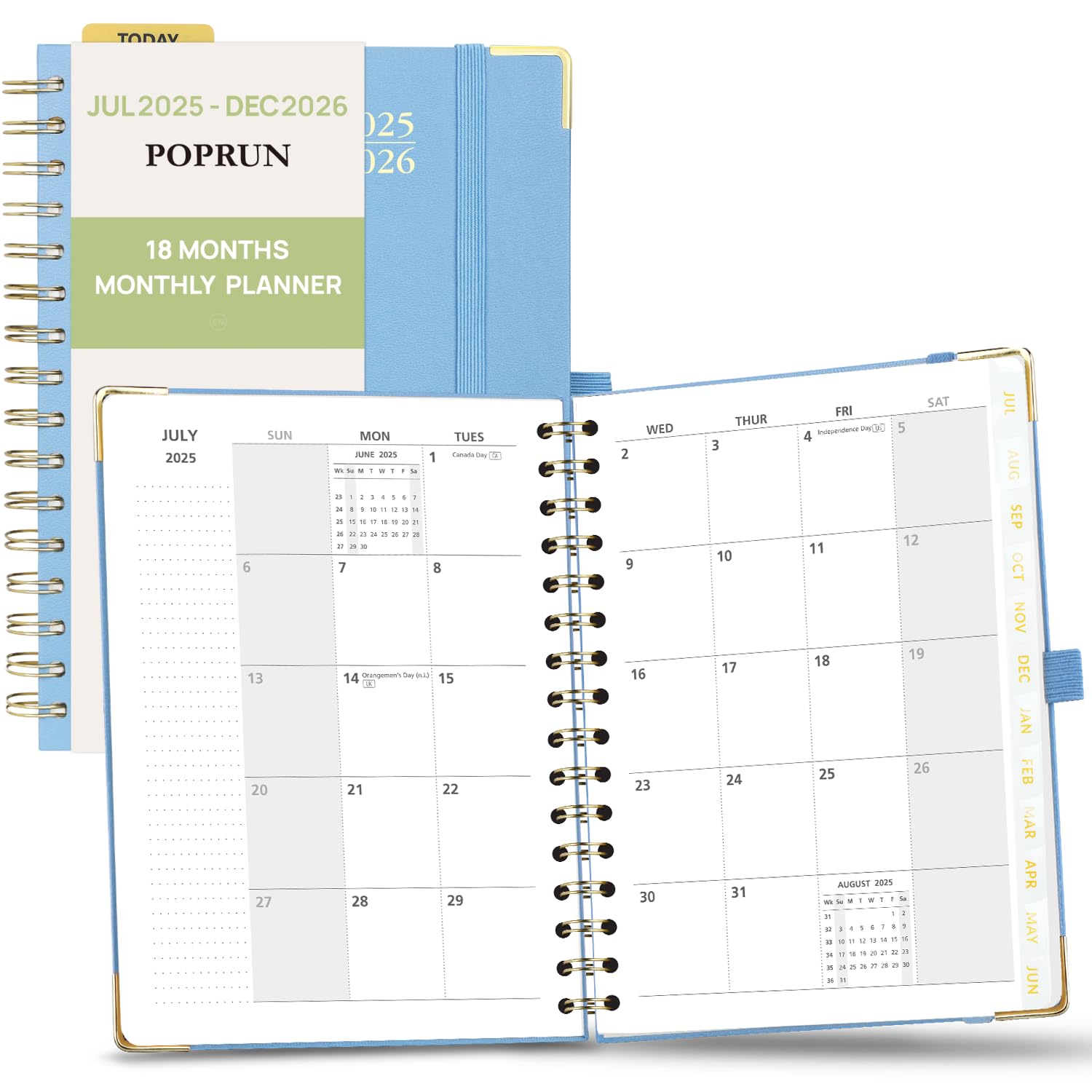 POPRUN Monthly Planner 2025-2026 Spiral Hardcover (6.25'' x 8.5''), 18 Months Calendar (Jul.2025 - Dec.2026) - 2 Pages per Month with Dotted Note