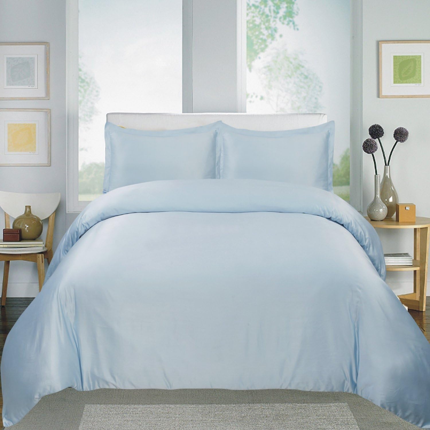 Home Sweet Collection 3 PC Solid Egyptian Cotton Duvet Set (Queen, Blue)