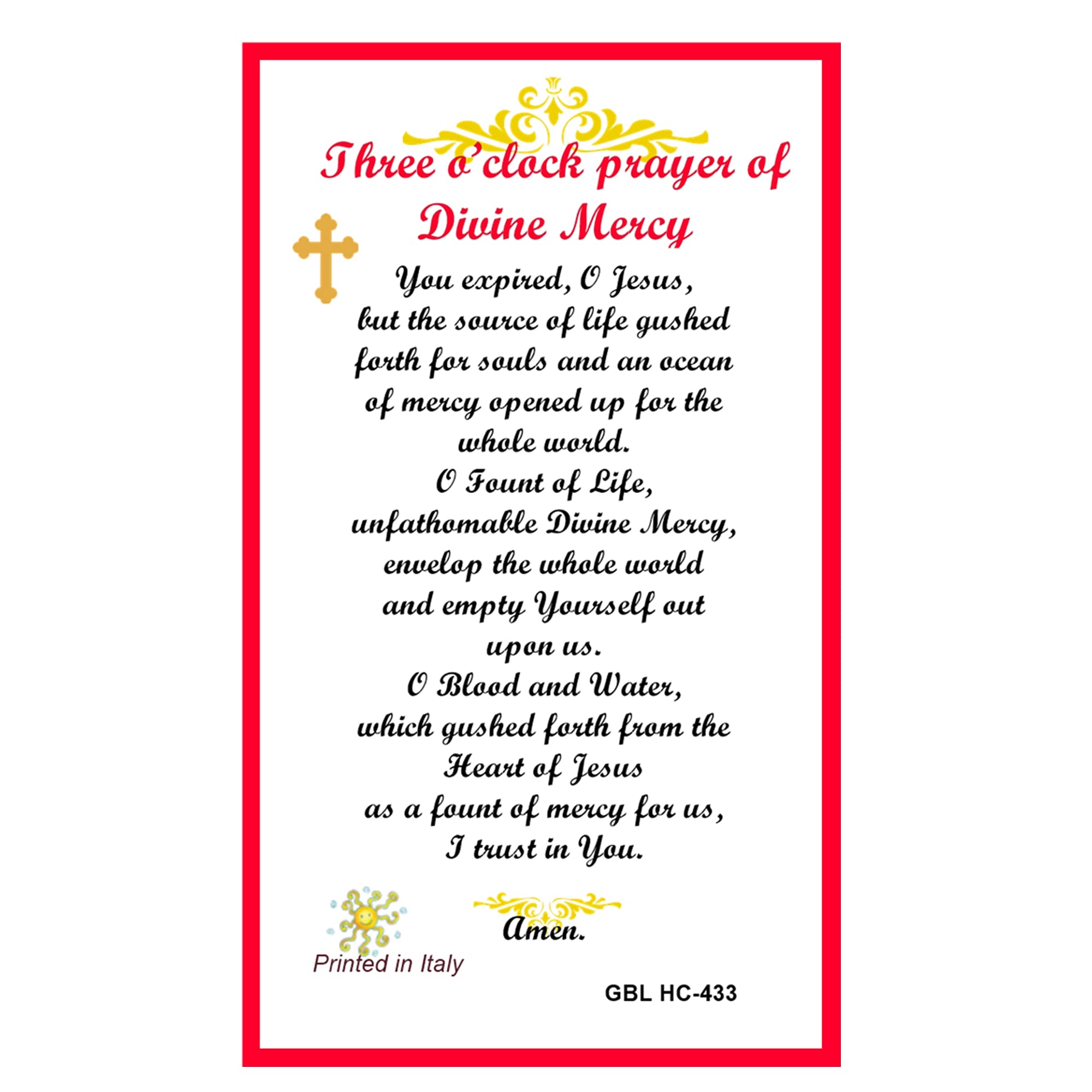 Saint Faustina Kowalska Three O'clock Divine Mercy Jesus I trust in You Blessed Laminated Prayer Car