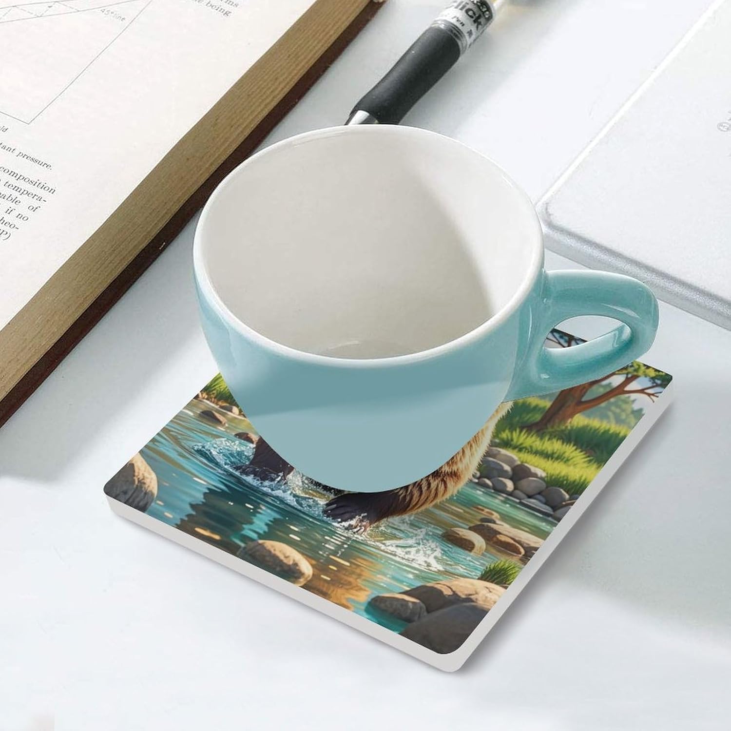 Bear Crossing The River Cartoon Coasters Absorbent Ceramic Coasters for Drinks Coaster with Cork Backing for Table Protection Square Drink Cup Mat Modern Style Coaster for Coffee Table