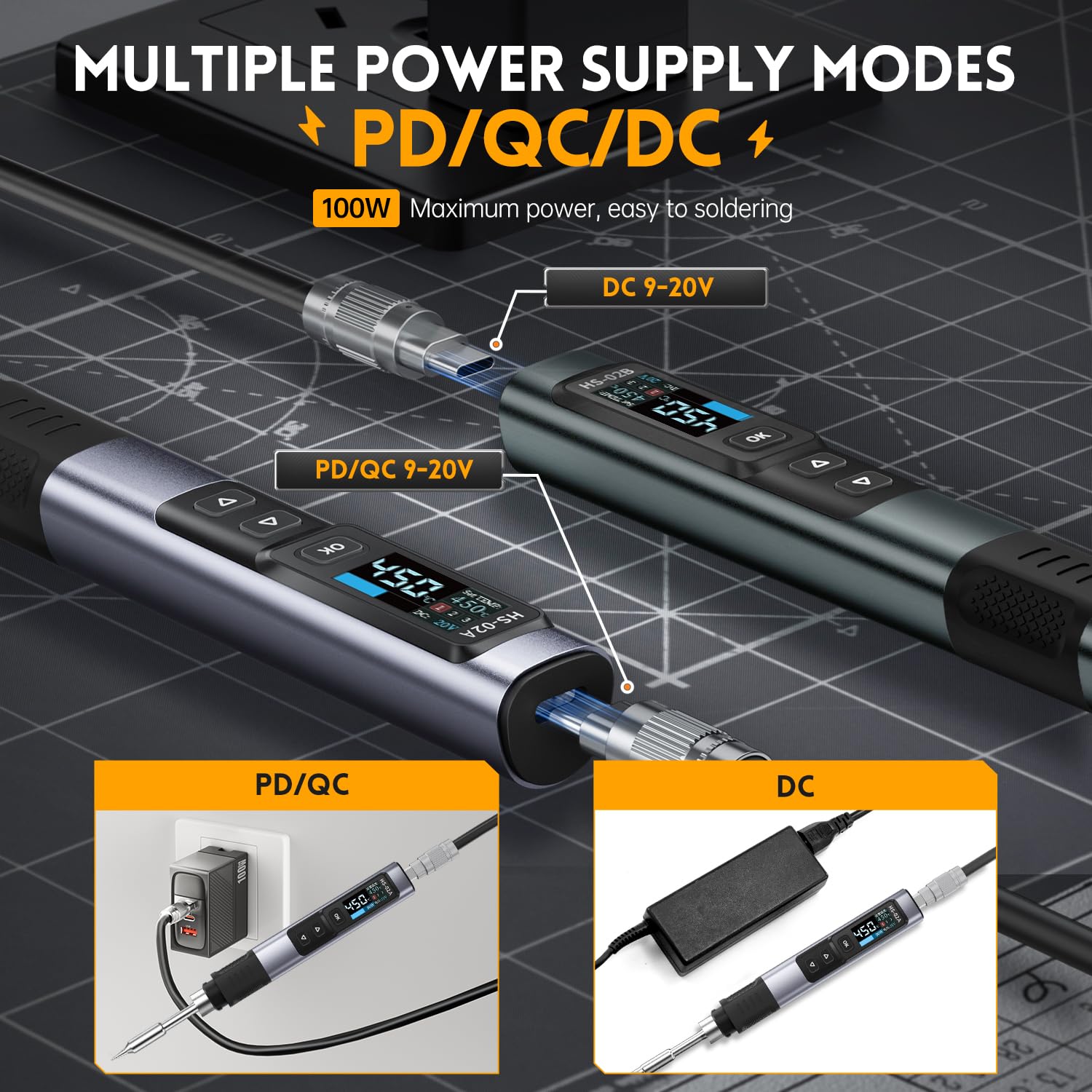 Treedix Juego de mini soldador PD/DC 65 W/100 W, soldador profesional con pantalla digital y tres puntas de repuesto, temperatura ajustable, fuente de alimentación dual PC/DC, incluye cargador PD