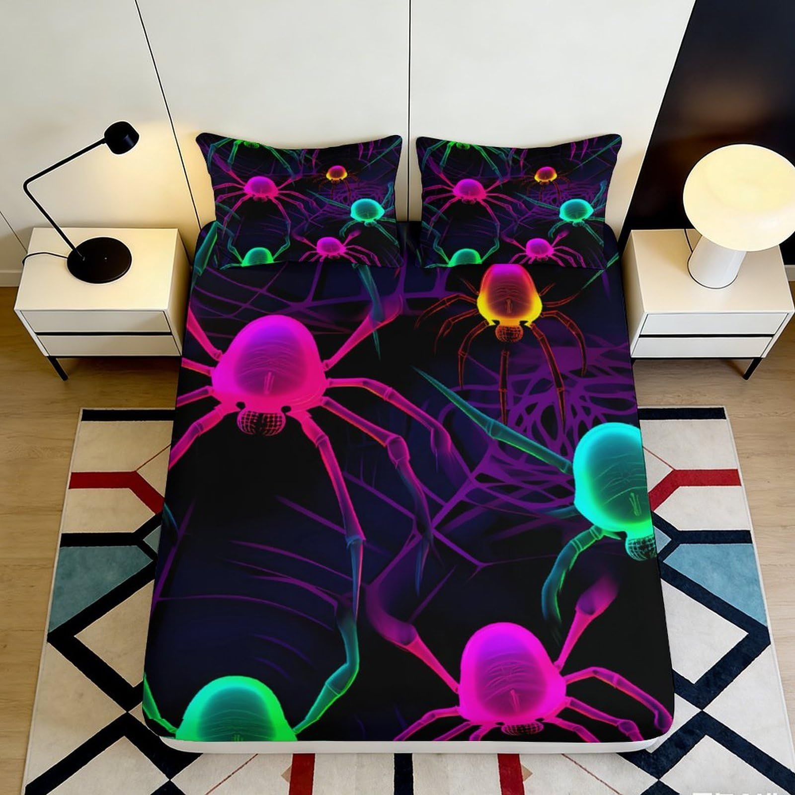 3D Printed Neon Spider Fitted Sheet Microfiber Soft Breathable Glow Web Mattress Cover for Bedroom Dorm Mattress Protection Decor 200x200x25cm