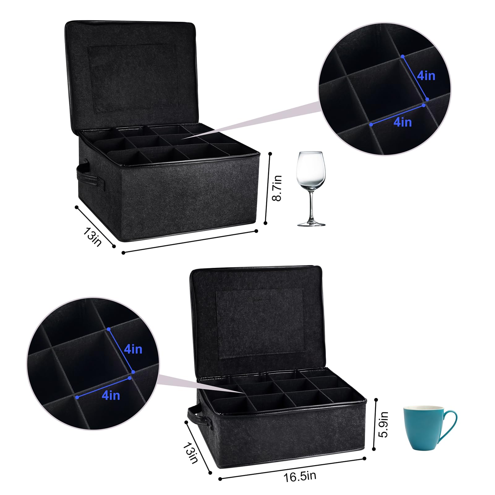 Swnhdeti 2 Pack Glass Storage Box with Dividers for Mugs & Glassware Coffee Cup Kit Stemware Storage Containers for Packing and Moving 12 Crystal Glassware, Wine Glasses, Drinkware (Gray)