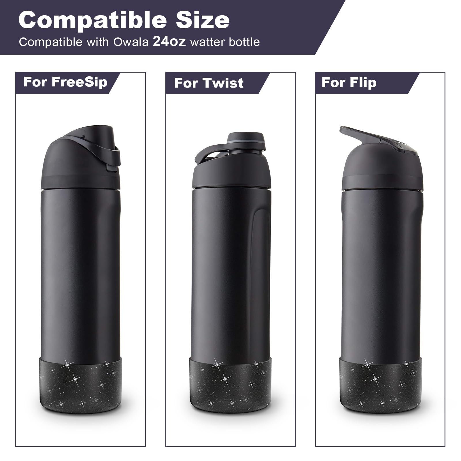 2 botas de silicona con purpurina para botella de agua Owala de 24 onzas, 32 onzas, 40 onzas, funda protectora antideslizante para botella de agua Owala Twist, FreeSip y Flip de acero inoxidable, sin