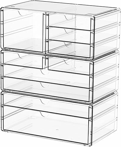 Yieach Paquete de 3 organizadores de cajones transparentes apilables, cajones de almacenamiento de acrílico con 10 cajones, organizador de