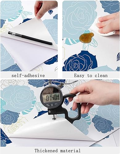 Miniatura 6 de Papel tapiz floral para despegar y pegar, papel tapiz moderno de línea floral, papel de contacto de peonía azul y dorado, papel de pared