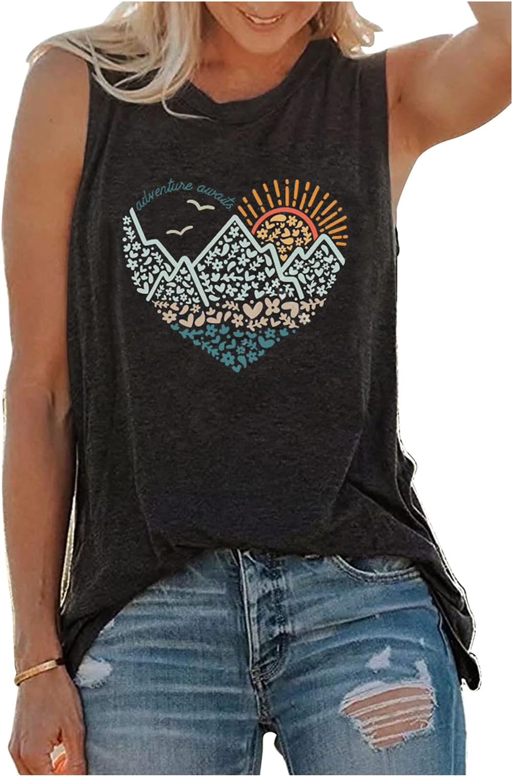 CHUNTIANRANSunset Mountain Tank Tops Mountain Heartbeat T Shirts for Women Summer Hiking Sleeveless Tops Mountain Range Vest Tee