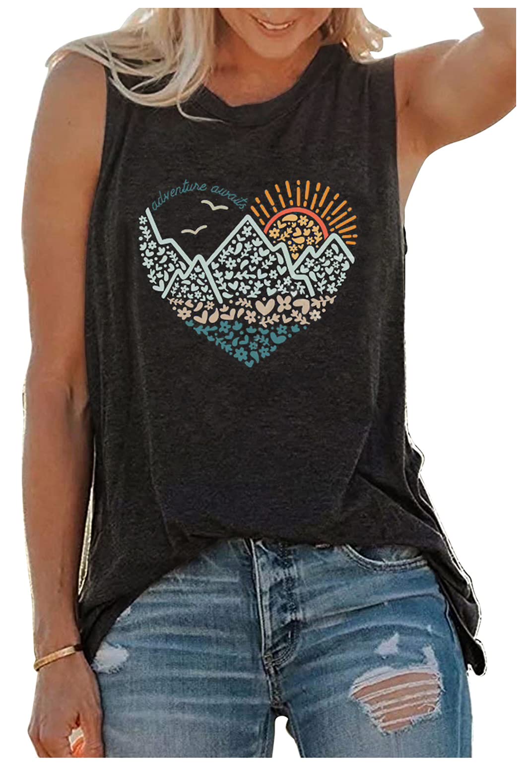 CHUNTIANRANSunset Mountain Tank Tops Mountain Heartbeat T Shirts for Women Summer Hiking Sleeveless Tops Mountain Range Vest Tee