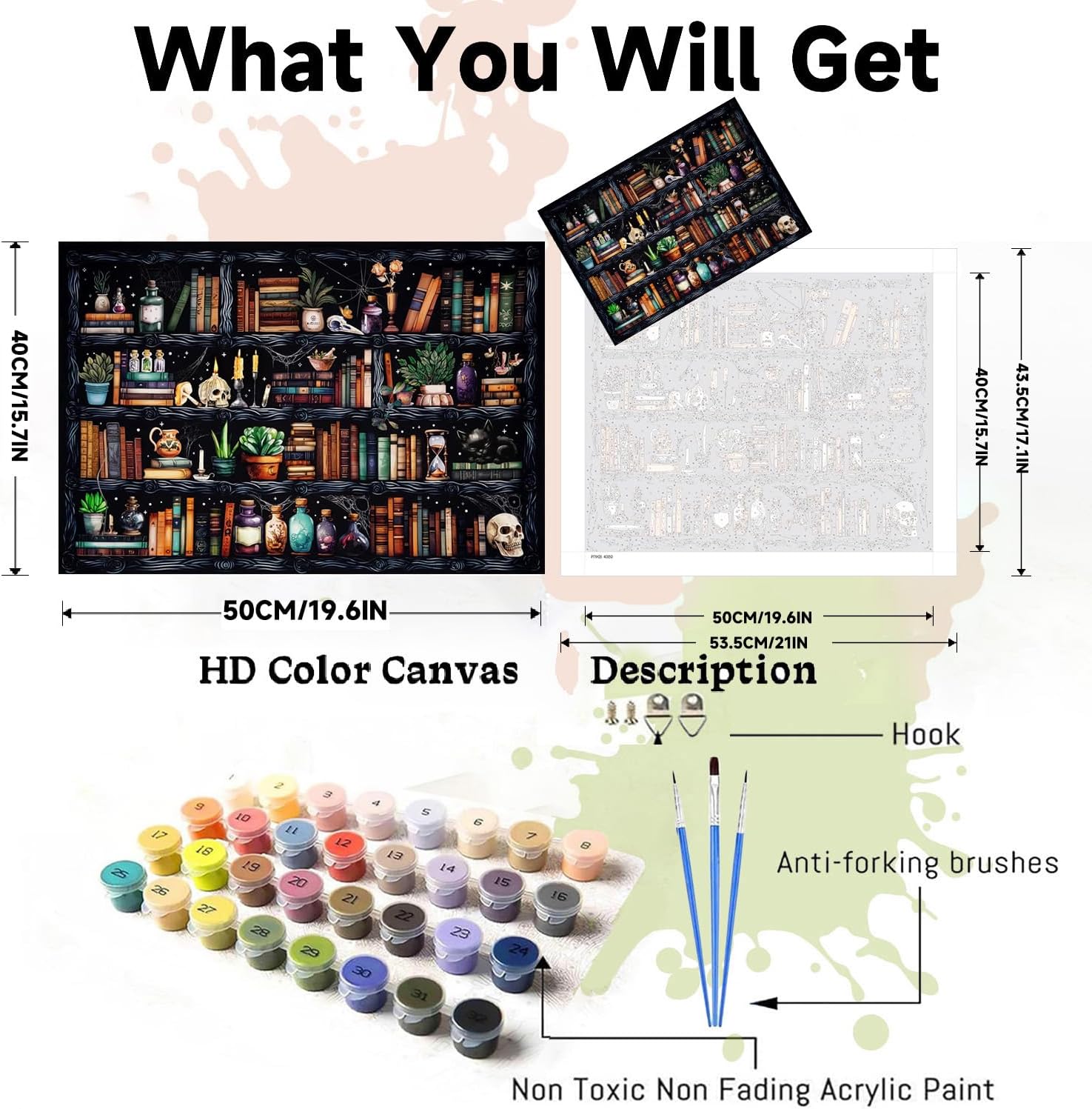 WEMEON Bookshelf Paint by Numbers for Adults - Gothic Themed Adult Paint by Number Kits with Brushes Acrylic Paints, Relaxing Stress Relief Hobby for Beginners, Teens, Artists, 16"x20" Canvas