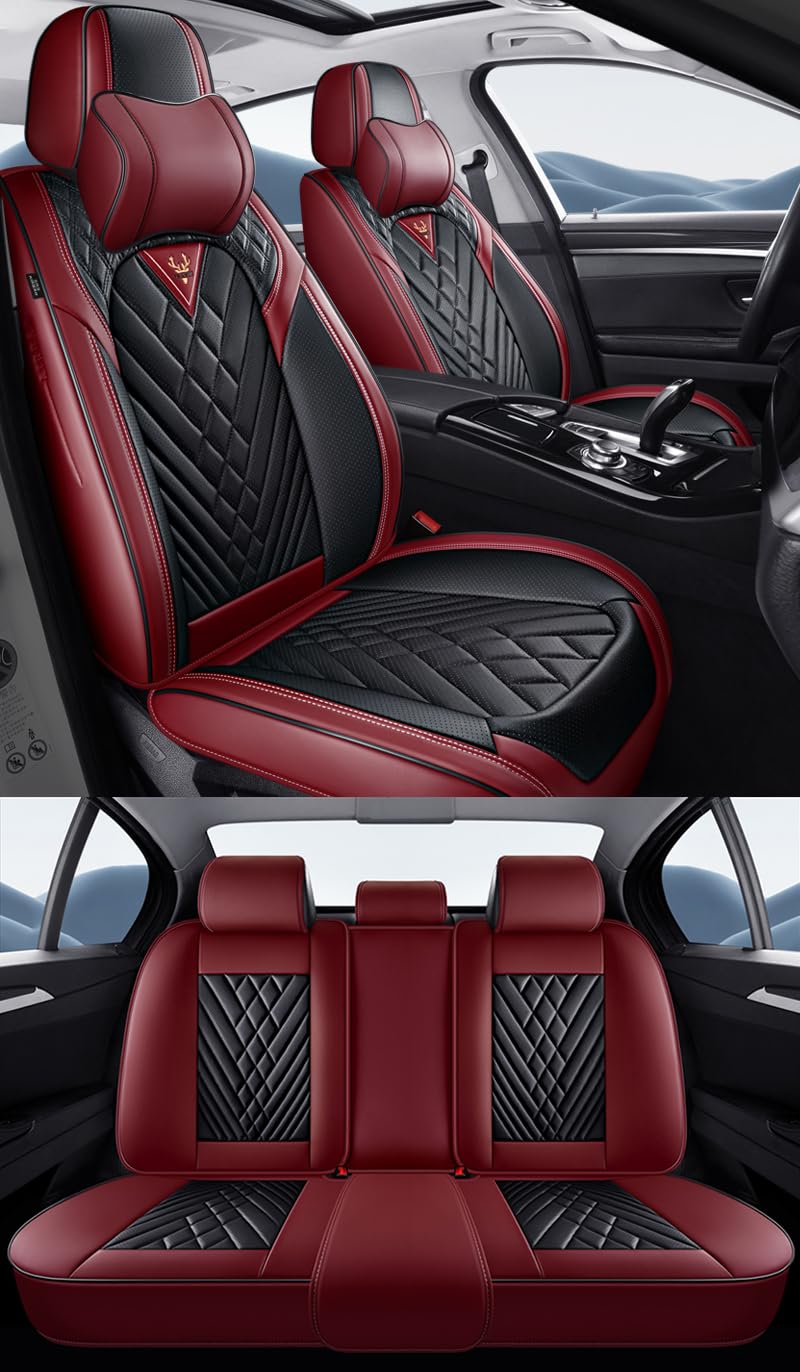 Autositzbezüge komplettes Set Universal in Stylish Design | Schonbezüge für Vordersitze und Rückbank | Auto Sitzbezüge Airbag Kompatibel | Premium Wasserdicht Sitzbezug, Schwarz Weinrot