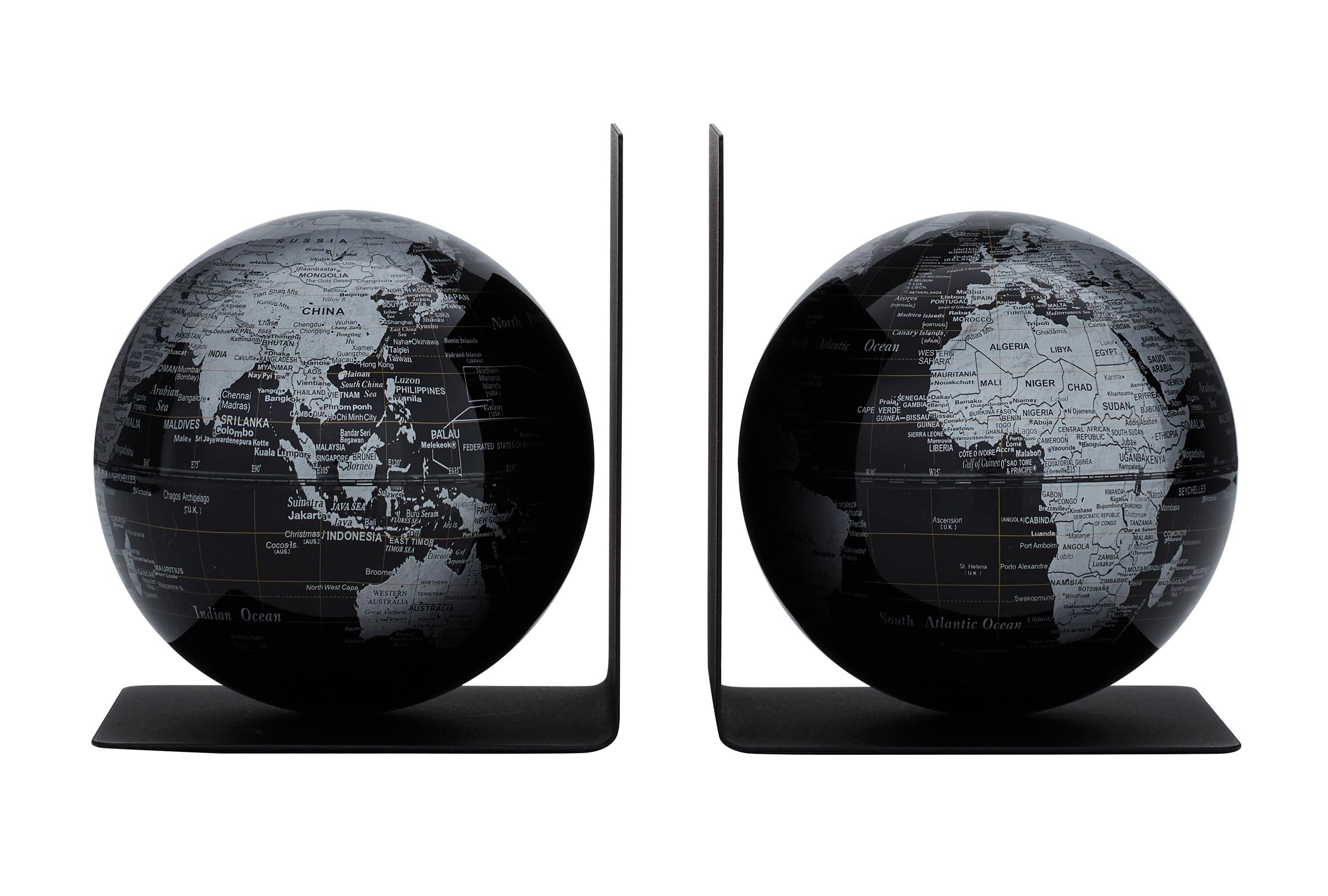 TROIKA Globus Buchstützen aus Metall BOOKGLOBE Ø 13 cm magnetisch balancierte Globen schwarze Meere & matte silberfarbene Landflächen, zusammen 1,2 kg - im hübschen Karton ideal zum Verschenken