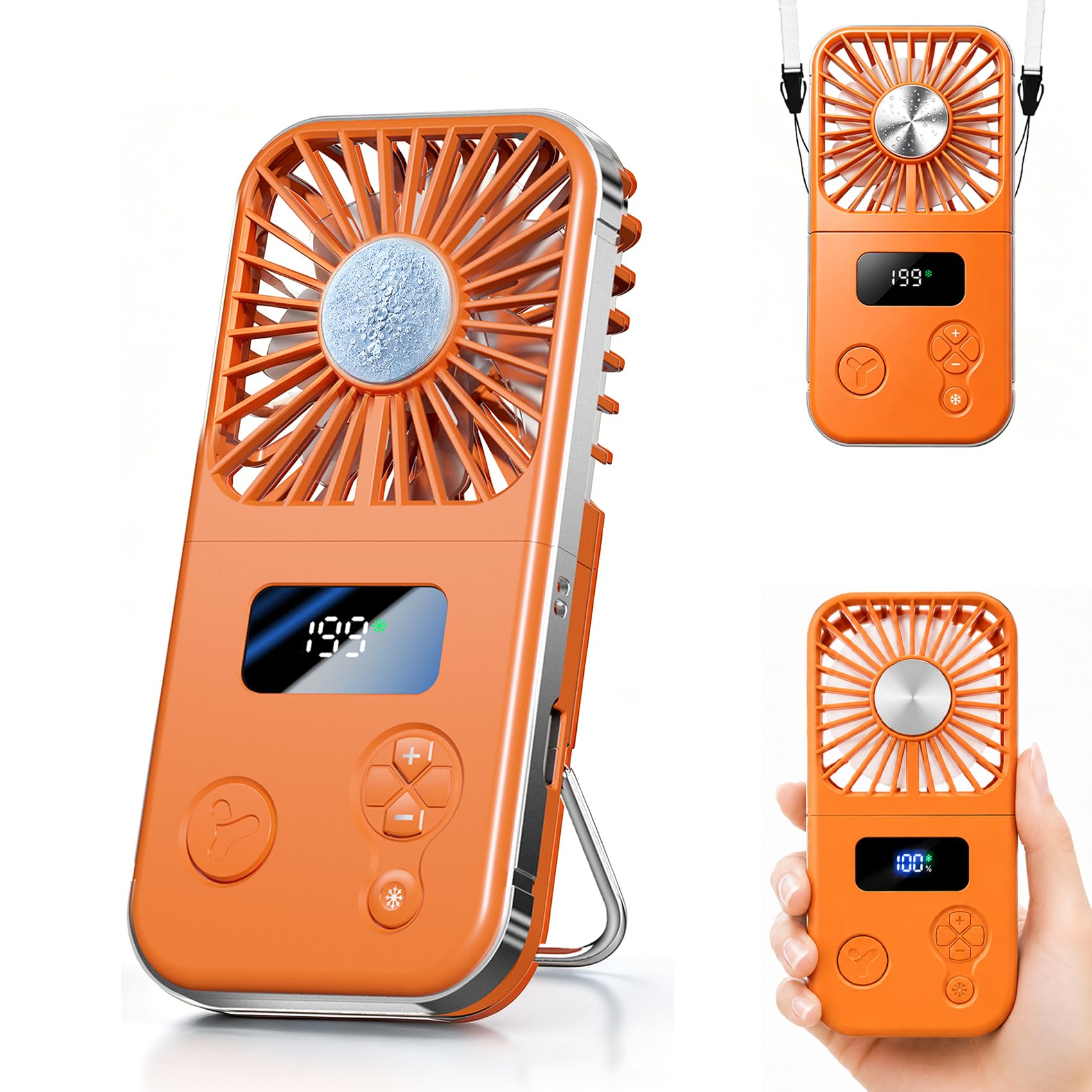 Handheld Fan Rechargeable, Portable Mini Fan with Ice Cooling Plate, 199 Speeds Foldable Hand Held Fan, USB-C Personal Desk Fan with Digital Display & Lanyard for Travel Outdoor Office Camping