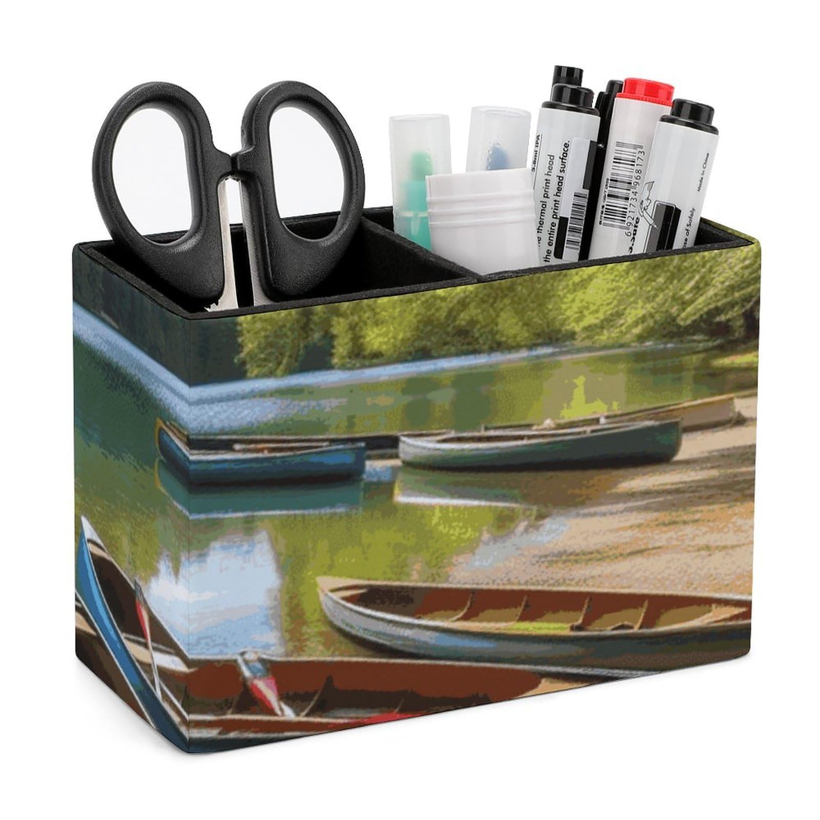 JTREHY Lake with Boats Canoes Park Pencil Holder Exquisite Fashion Leather Pen Receptacle Soft High-End Pen Container for Office Home Accessories Or Housewarming Present
