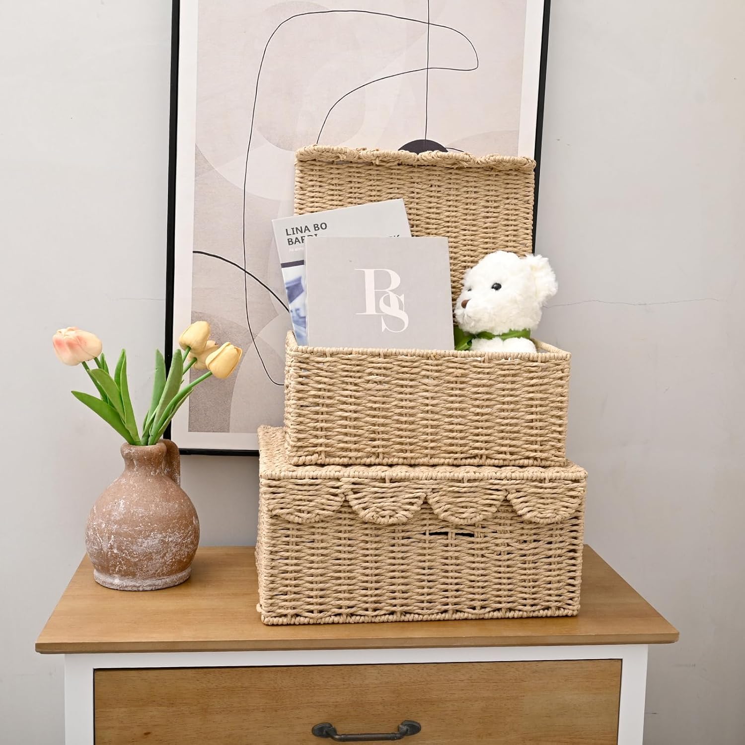 Wicker Basket with Lid, Large and Small Wicker Baskets for Storage, 2 Pcs Woven Basket Organizer Bin with Handle for Pantry, Laundry Room, Kitchen, Bathroom, Shelves, Toy, Book