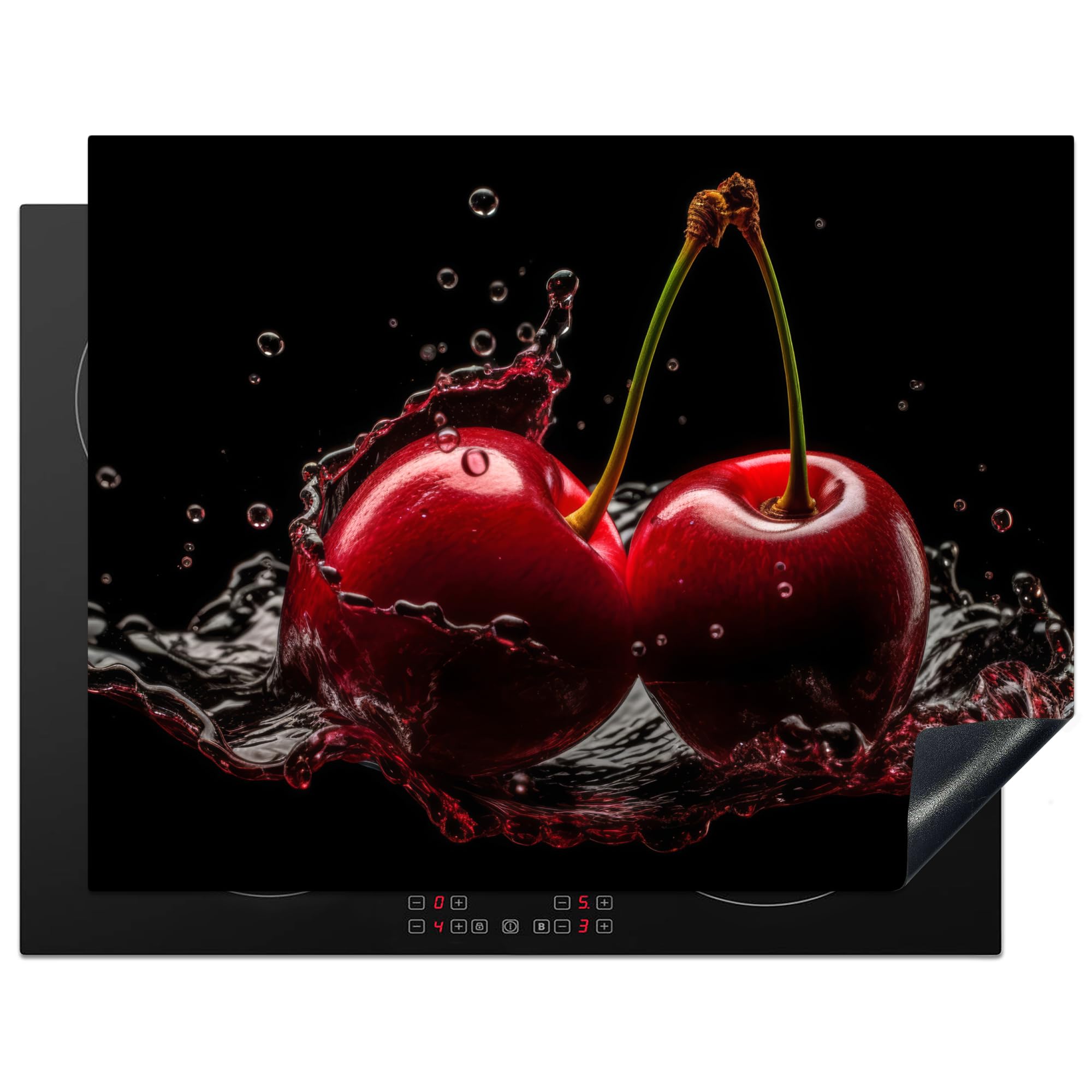 KitchenYeah© Induction Hob Protector Mat 23.2"x30.3" / 77x59 cm Stove Cap Top Cover Kitchen Cooker Covers for Electric Hobs Vinyl Cherries - Red - Fruit - Water - Black