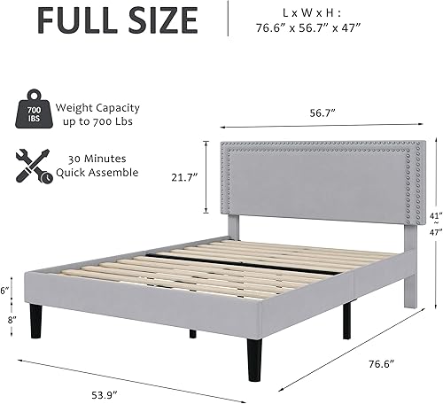 Miniatura 335 de VECELO Base de cama de tamaño matrimonial con cabecera tapizada ajustable, plataforma de listones de madera, diseño sin ruido, fácil montaje Negro