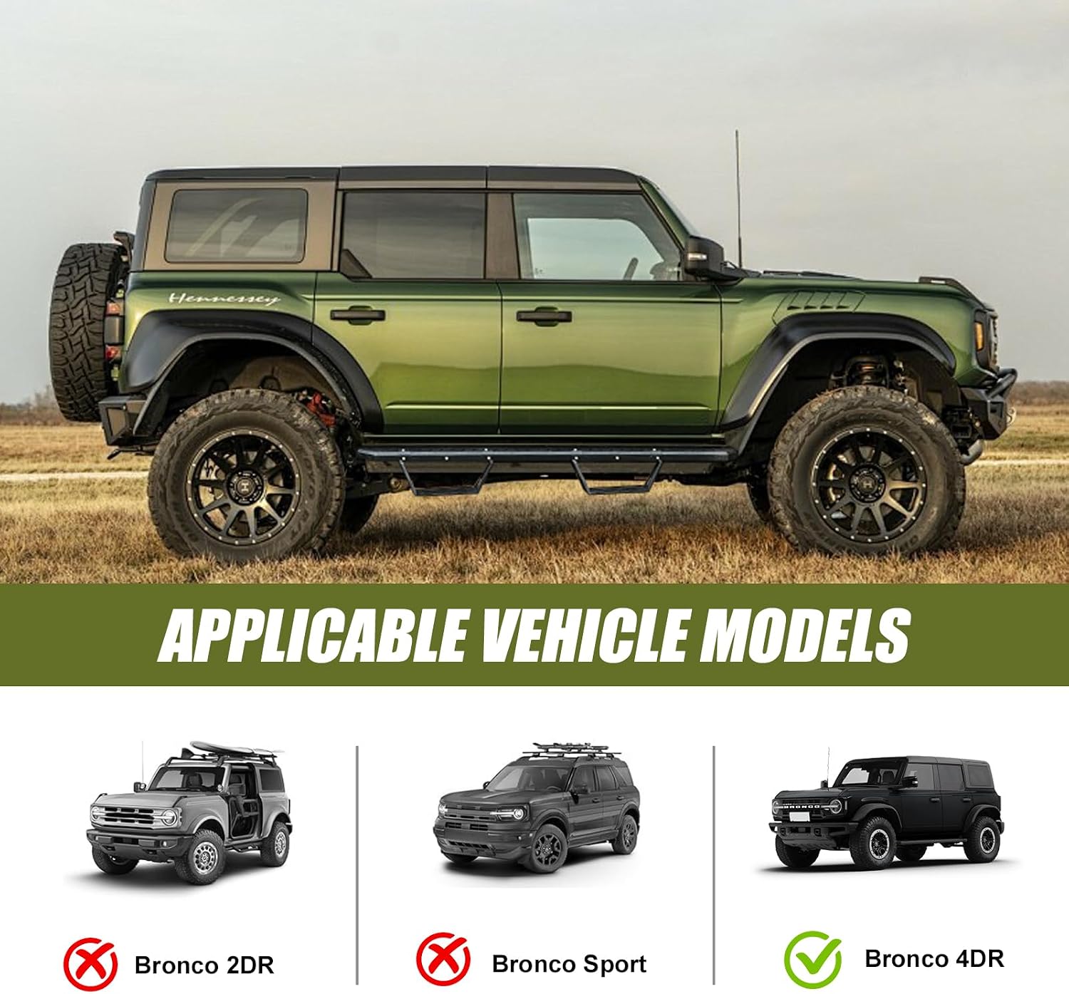 Running Boards with 4PCS Steps for Ford Bronco 4 Doors 2021-2025 Heavy-Duty Carbon Steel Drop Side Steps Rock Slider Rails,Bronco Step Plates Nerf Bars(Not Fit Raptor/Sport)