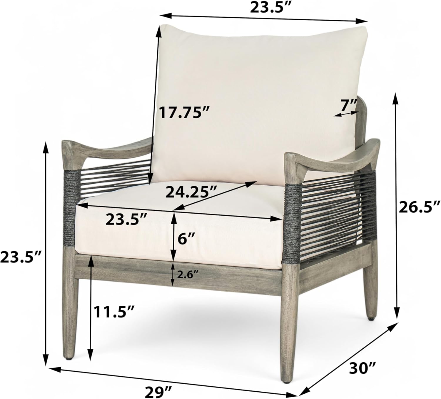 Christopher Knight Home Havets Patio Acacia Wood Club Chair with Woven Rope, Comfortable Outdoor Armchair, Water-Repellent Thick Cushion Deep Seating for Porch, Garden, Backyard, Balcony, Gray+Beige