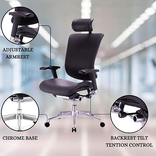 Miniatura 2 de GM Seating Dreem Silla ergonómica de oficina de cuero genuino, soporte lumbar, silla ejecutiva moderna para el hogar y la oficina, cómoda silla de