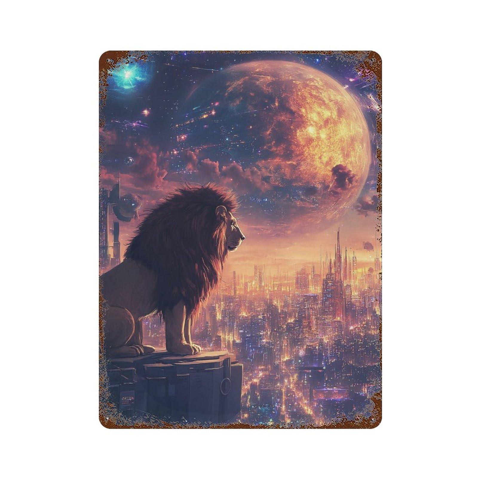 Lion Over Sci-Fi Cityscape Rustic Tin Plaque 15.7"x11.8", Rustic Home Decor for Office, Studio And Wall Decor