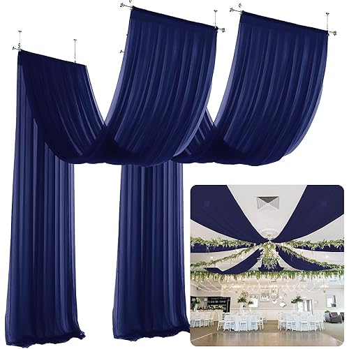 Navy Blue Ceiling Drapes for Weddings Ceiling Draping Fabric 2 Panels 5x20 ft Chiffon Backdrop Curtains Sheer Wedding Ceiling Drapery for Wedding Party Swag Reception Decorations