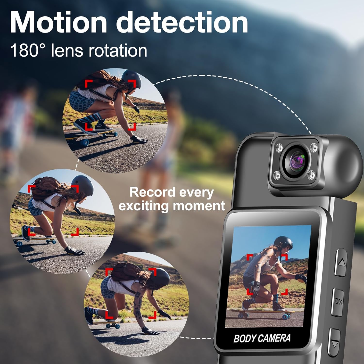 LaoZiCao A8 Body Worn Camera illustrating motion detection with a 180-degree rotating lens, showing how it captures movement from different angles.