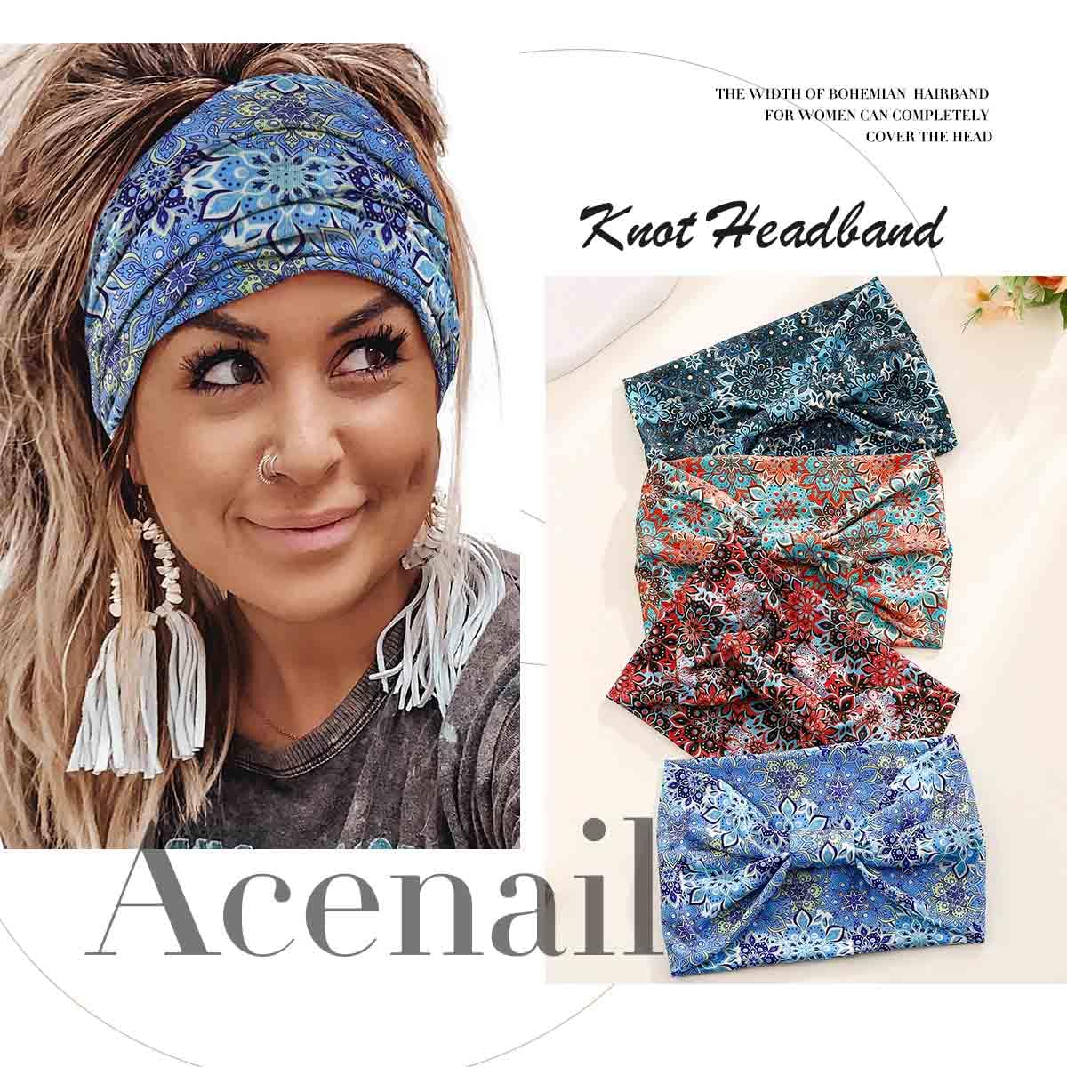 Acenail Breite Stirnbänder für Damen, Boho-Turban, geknotetes Stirnband, Blumenmuster, elastisch, rutschfest, für Workout, Yoga, Kopftuch, Bohemian-Stil, modisches Haarzubehör für Damen, 4 Stück