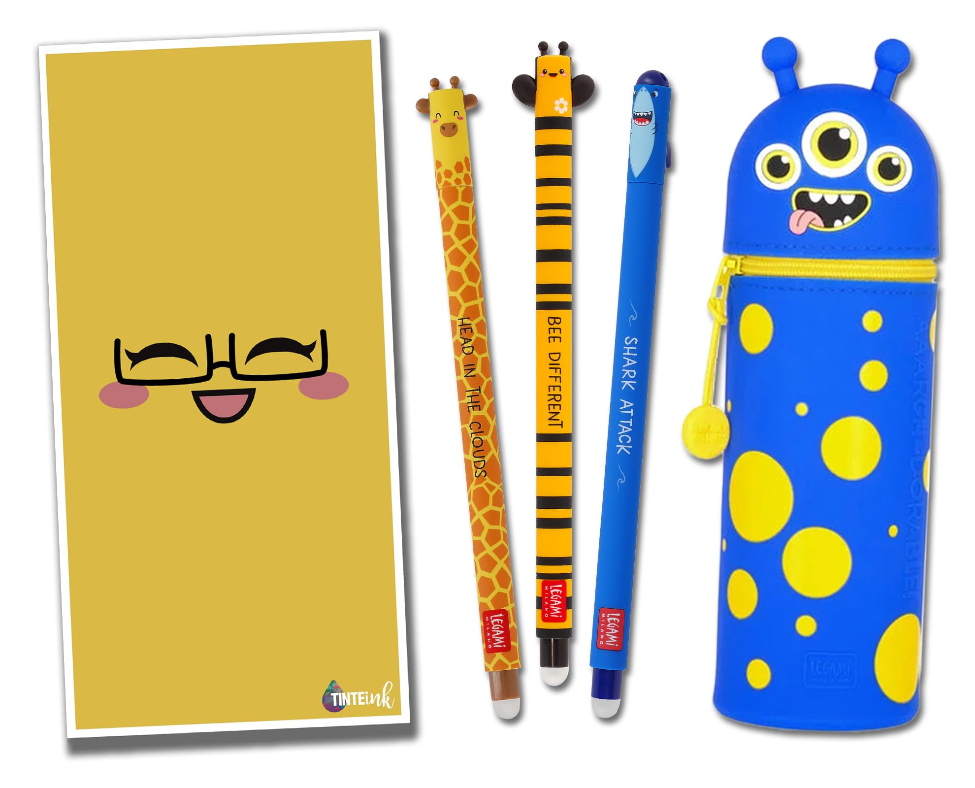 Tinte Ink Legami Erasable Pens with Matching 2 in 1 Silicone Pencil Case Gift Envelope! - Choose Cute Design! (Monster Case Set)